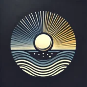 A symbolic icon depicting peace and brightness emerging from darkness, featuring a radiant sun rising above a dark horizon with cascading light rays representing hope and tranquility