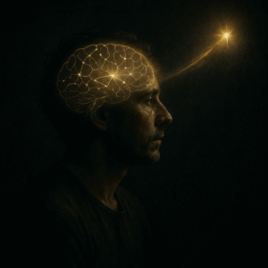 A hyper-realistic image of a human head partially transparent, revealing glowing neural pathways that stretch into a dark cosmic void.